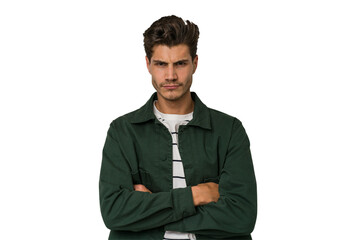 Young handsome caucasian man isolated on white background unhappy looking in camera with sarcastic expression.
