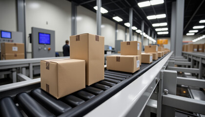 Fototapeta premium Parcels on Conveyor Belt in Logistics Center, Automated Packaging Flow Systems