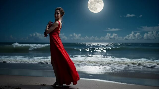 A woman in a red dress is dancing on the beach in front of a full moon