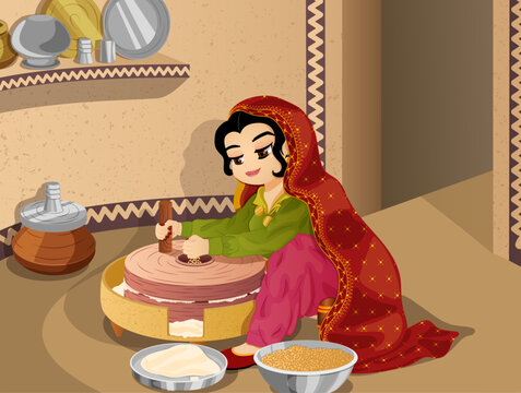 Village Woman Using Hand Chakki to make Atta or Flour from Wheat Sitting in Kitchen. Authentic Rural Lifestyle Cartoon Detailed Illustration