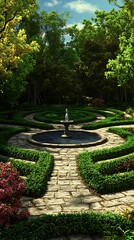 Overhead view of a meticulously designed garden with fountain