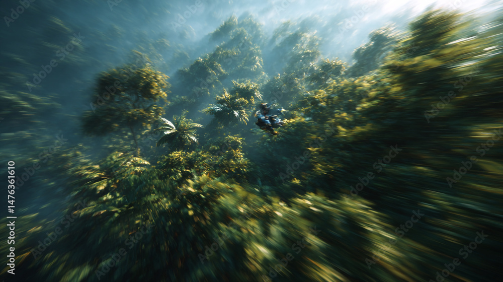 Poster aerial view of green forest canopy with sunlight and flying object for nature background design use