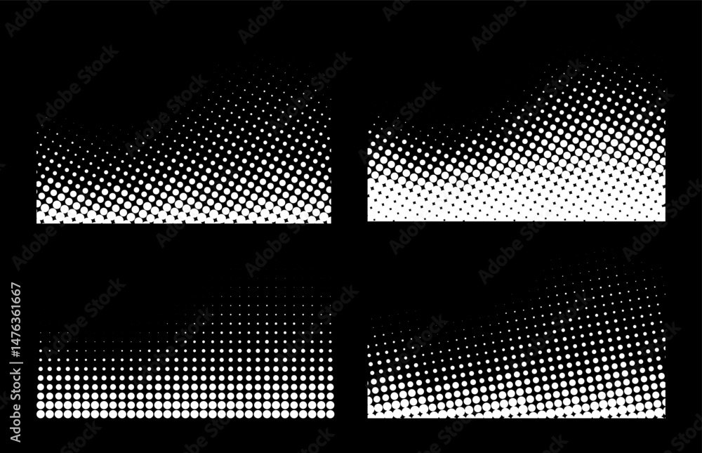 Poster set of white dot patterns. halftone gradient backgrounds. wavy dotted textures. vector halftone illu