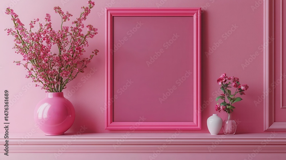 Poster vibrant pink decor featuring flowers and an empty frame, perfect for adding a pop of color to any in