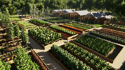 Overhead view of a lush organized garden with diverse greenery