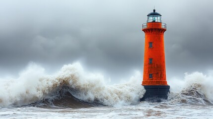 Obraz premium Powerful waves crashing around an orange lighthouse in a stormy seascape.
