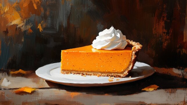 Close-up slice of pumpkin pie on a plate.
