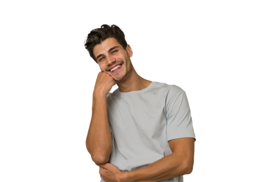 Young handsome caucasian man isolated on white background smiling happy and confident, touching chin with hand.