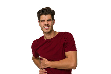 Young handsome caucasian man isolated on white background having a liver pain, stomach ache.