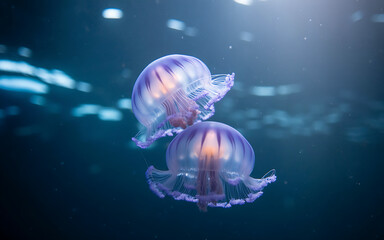 Obraz premium Two glowing jellyfish swimming in the deep ocean, showcasing the mystique of marine life