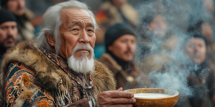 a Yakut elder blessing the festival with kumys, a ceremonial cup in hand, surrounded by attendees in traditional outfits