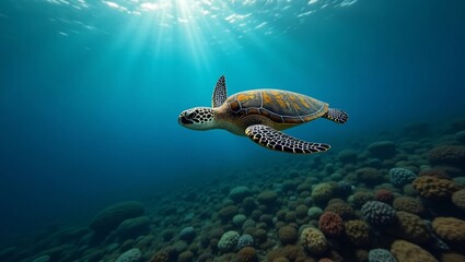 Sea Turtle Swimming Over Reef:  A sea turtle gliding gracefully above a vibrant coral reef, sun rays piercing the water
