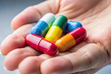 A hand is holding a pill bottle with four different colored pills