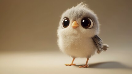 Adorable fluffy grey baby bird, large eyes, cute, digital rendering.