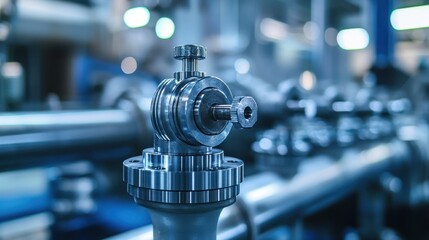 Fototapeta premium Shiny metal machinery valve in a factory setting, bluish light. Use this image to show high tech equipment or industrial processes.