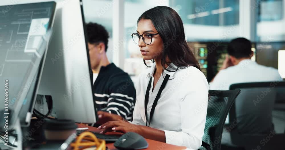 Poster Business, woman and developer on computer in office for research, programming and software update. Person, online and information for web development, application and troubleshooting of system server