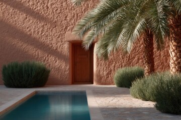Warm terracotta wall contrasts with lush greenery and tranquil p