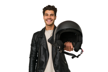 Young caucasian man holding a helmet isolated