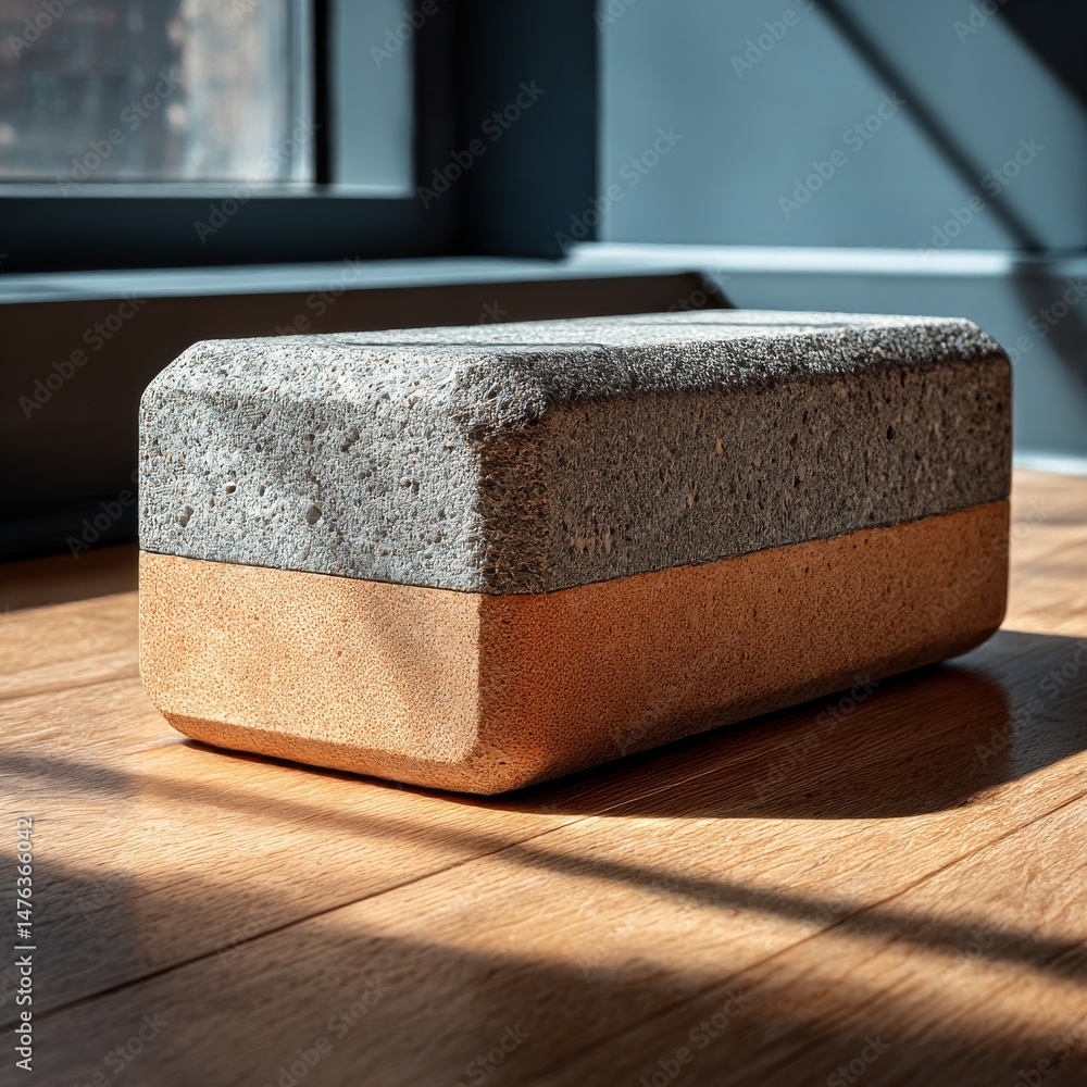 Aufkleber architectural composition: stone and cork block on wood floor with light and shadow play