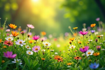 Diverse blooming wildflowers in a vibrant meadow, sunlight dappling through leaves A symbol of spring and environmental preservation , field, environmental protection, nature