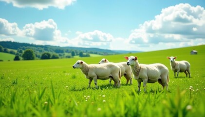 Fototapeta premium A flock of sheep grazing peacefully in a lush green pasture under a bright sky , lamb, agriculture
