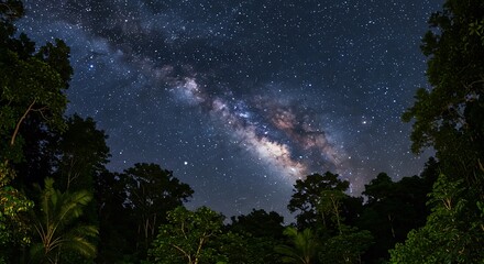 Fototapeta premium Milky Way Galaxy Shining Above Tropical Forest Trees at Night