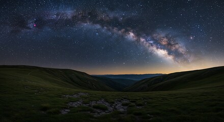 Fototapeta premium Majestic Milky Way Galaxy Over Green Hills Landscape at Night