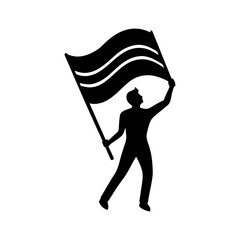 Silhouette of a person holding a large wavy flag high above their head proudly