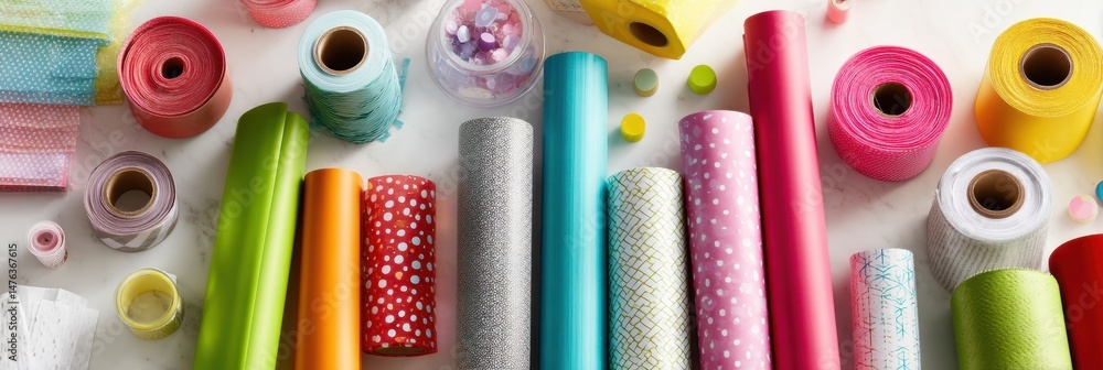 Poster Decorative Wrapping Supplies Arranged on a White Desk Creating an Organized and Colorful Workspace for Crafting or Gift Preparation