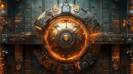 Obraz premium Metallic, circular, glowing mechanism on a steel door.