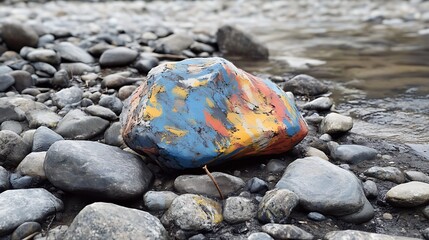 Obraz premium Painted rock among natural stones beside running water