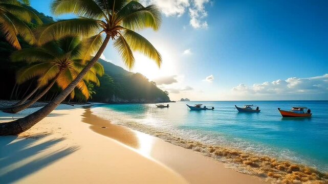 Tropical paradise beach with palm trees and anchored boats, seamless looping 4k time-lapse animation video background
