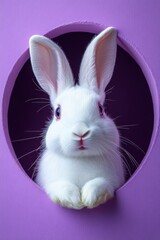 Obraz premium White Rabbit in Purple Oval A Whimsical Digital Portrait