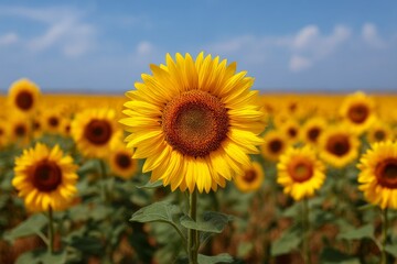 Fototapeta premium Sunflower Field Under a Clear Blue Sky: A vibrant display of golden sunflowers in full bloom stretches across a sun-drenched landscape.