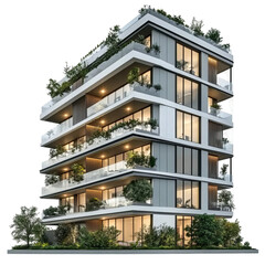 Obraz premium A modern apartment building with large balconies and plants on the balcony, Transparent Background Png Format file