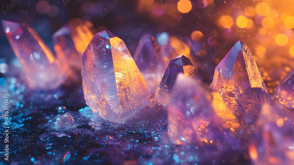 Poster floating crystal lights over rough surface with deep space noise texture