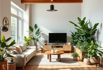 Biophilic living room with indoor plants and natural light