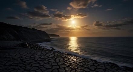 Moonlit Ocean View with Rocky Shoreline and Dramatic Evening Sky