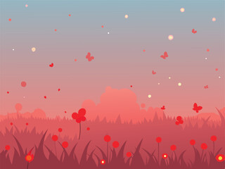 Serene sunset landscape featuring flowers grass butterflies and sky in soft red hues