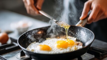 Cooking Fresh Eggs in a Skillet with Steam Rising and Yolk Breaking, Culinary Artistry in Action, Morning Breakfast Preparation
