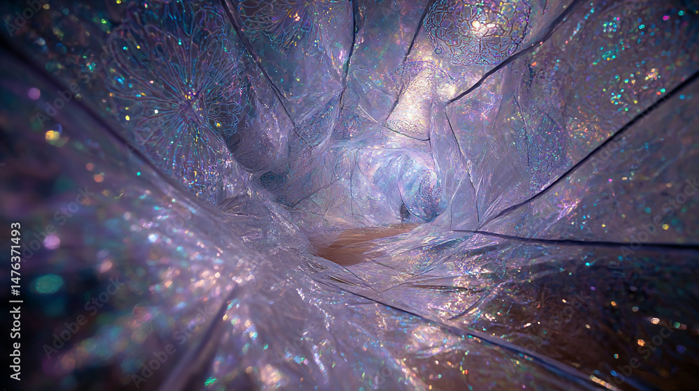 Poster abstract holographic tunnel background with glitter and light leaks for modern design projects and b