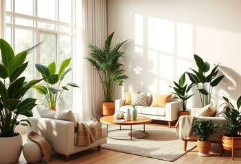 Biophilic living room with indoor plants and natural light interior