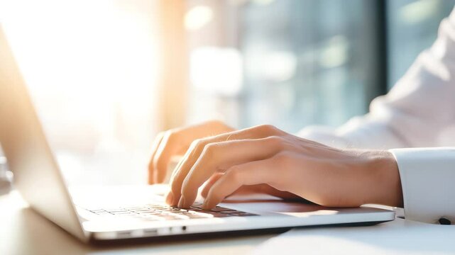 ノートパソコンで仕事をする手元