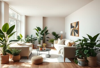 Biophilic living room with indoor plants and natural light