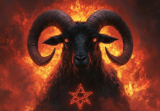 Fiery Black Ram with Glowing Eyes and Pentagram