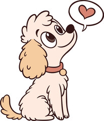 White poodle with love heart in chat bubble. Adorable puppy, vector illustration. Sitting pet dog. Isolated object with transparent background	
