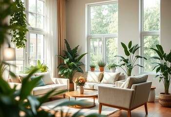 Obraz premium Biophilic living room with indoor plants and natural light