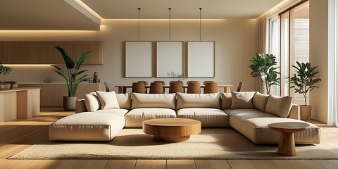 Modern minimalistic living room interior with cozy beige sofa, wooden furniture, indoor plants, and natural lighting in a Scandinavian open-plan home design concept

