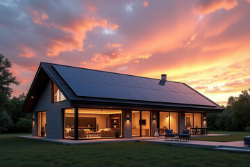 Fototapeta premium Modern Solar Powered House, Eco Friendly Sustainable Architecture, Clean Energy Living