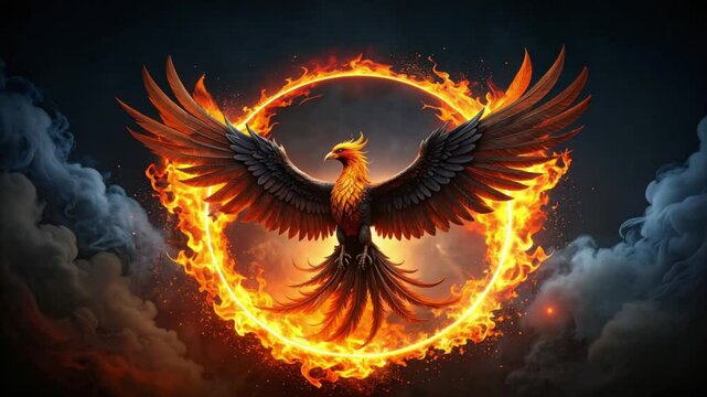 Majestic phoenix rising from flames within a fiery circle, symbolizing rebirth and power